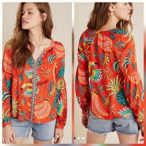 Anthropologie Red and Green Tropical Blouse